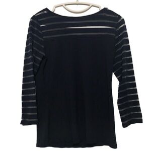 Navy Blue quarter length sleeves striped sheer top